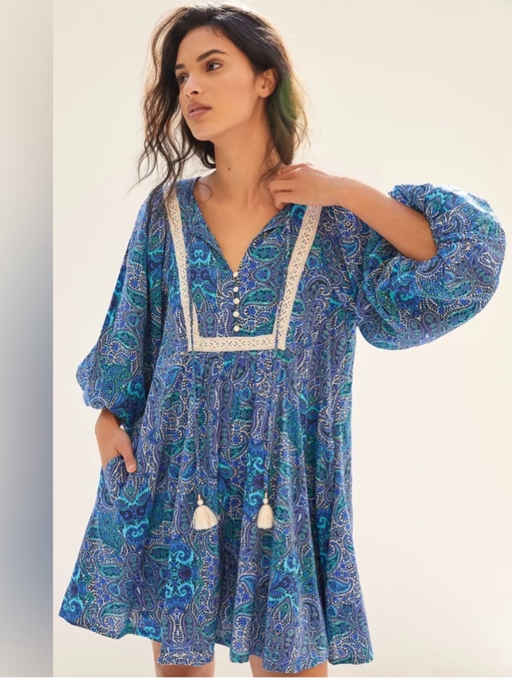 Anthropologie Lissa Romper Paisley Blue Purple Print Tassles Square Neck Size XS